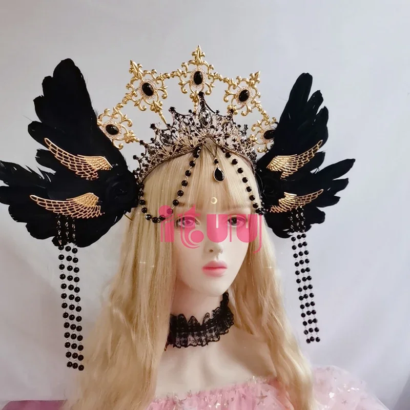 สีแดง Baroque Gothic Rose Angel Wings Halo Crown Headwear Sun Godmother's Retro Gorgeous Lolita KC Crown Headband อุปกรณ์เสริมผม