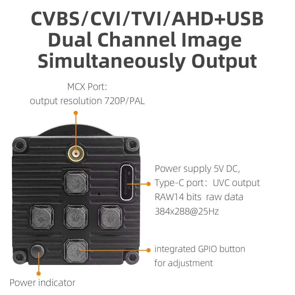 Промышленная инфракрасная тепловизионная камера 384x288, выход AHD + USB, мониторинг безопасности, решение ASIC, A1T-AHD, с объективом