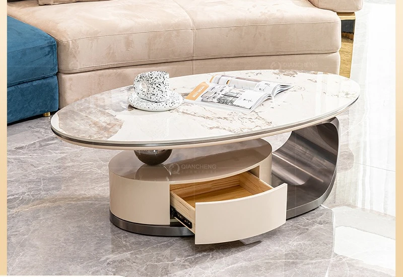 

Italian light luxury rock slab coffee table modern living room stainless steel oval small apartment household high-end tea