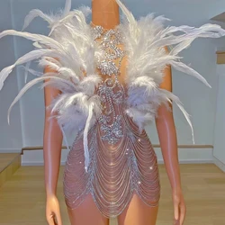 Sexy Stage Shining Crystals White Short Dress Feather Rhinestones Chain Stage Outfit Nightclub Performance Photoshoot Costume