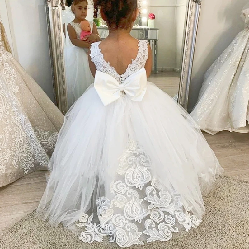 White Lace Child Flower Girl Dress Tulle Appliques Princess Floor Length for Wedding Party Baptism First Communion Gown