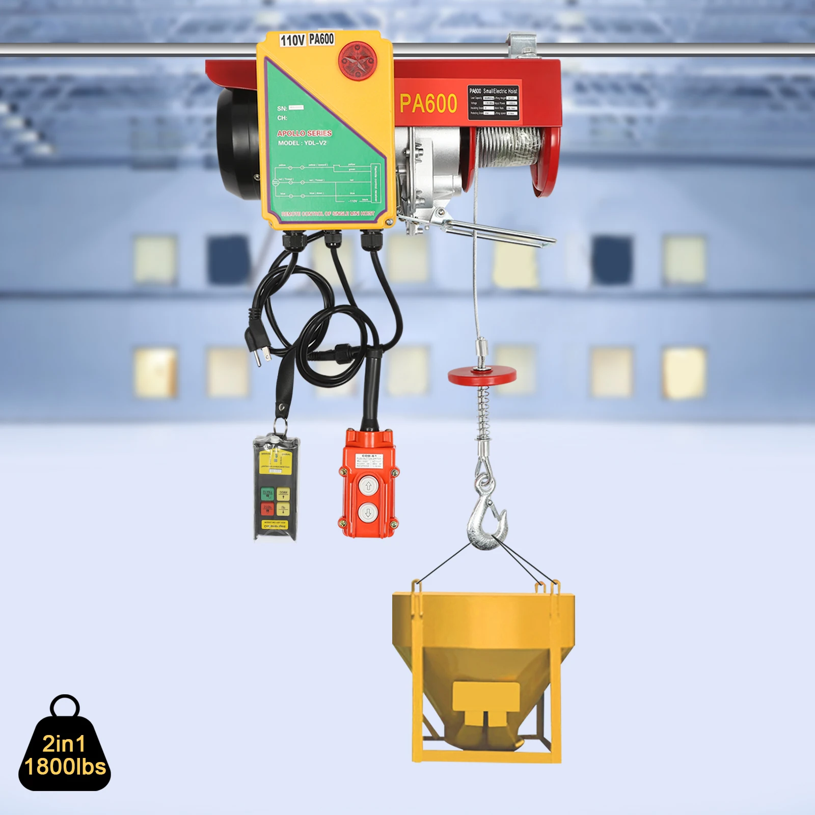 1800lbs Electric Hoist Winch, Single/Double Slings Electric Lift Wireless Remote Control, 110V 1450W Heavy Duty Lift with 39ft Cable for Lifting Towing in Garage Warehouses Factories