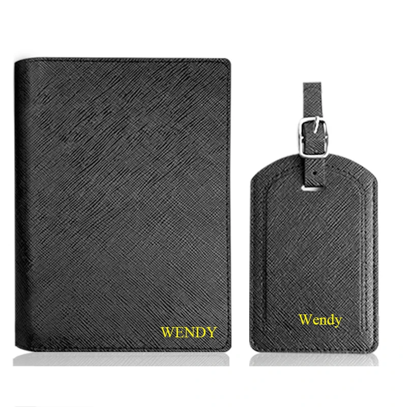 

Customized Letters Multifunctional Pen Insertion Oil Edge PU Leather Saffiano Passport Wallet Case Trave Lluggage Tag Set