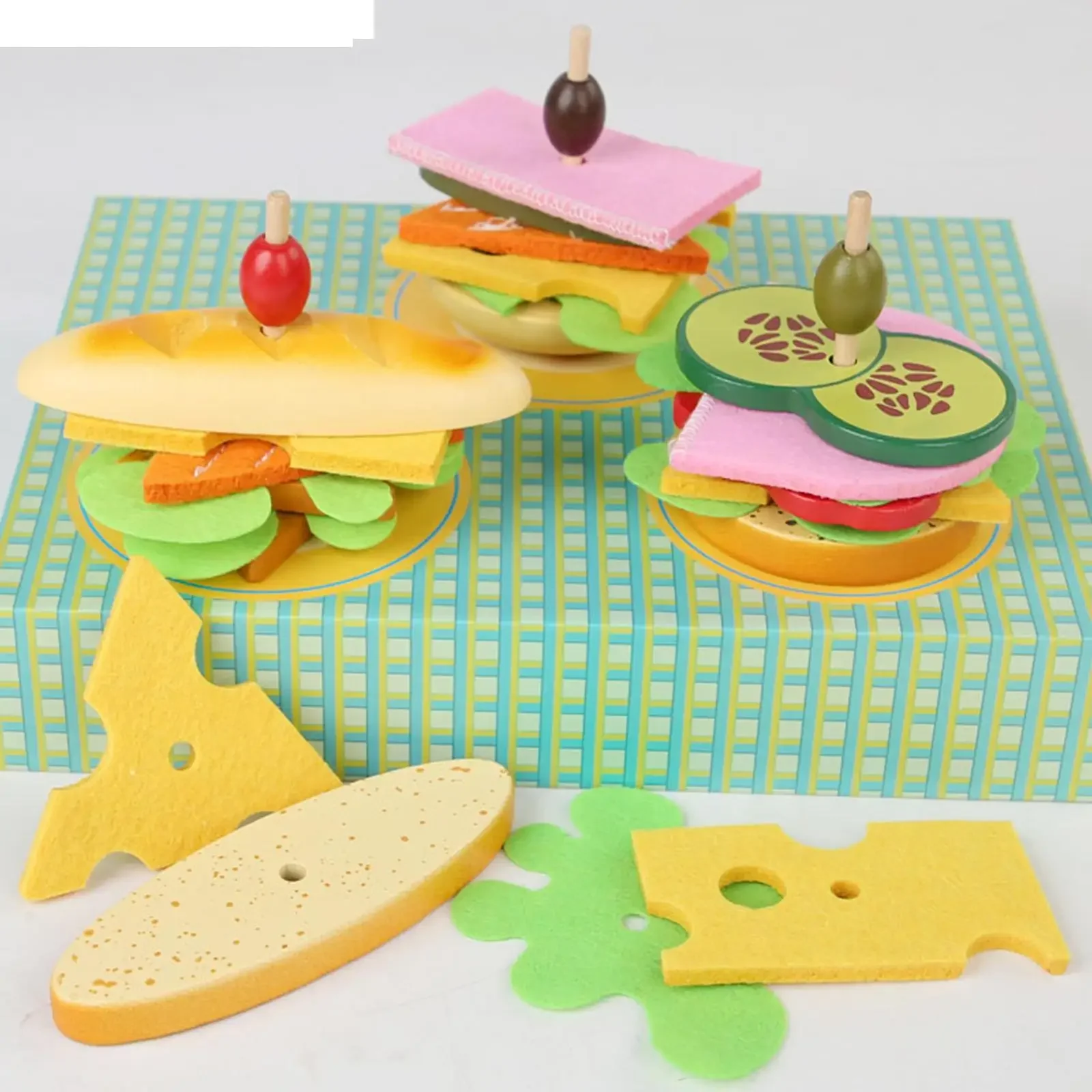 Hamburger impilabile in legno attività educative giochi di cibo finto cibo giocattolo Hamburger Puzzle giocattolo Montessori