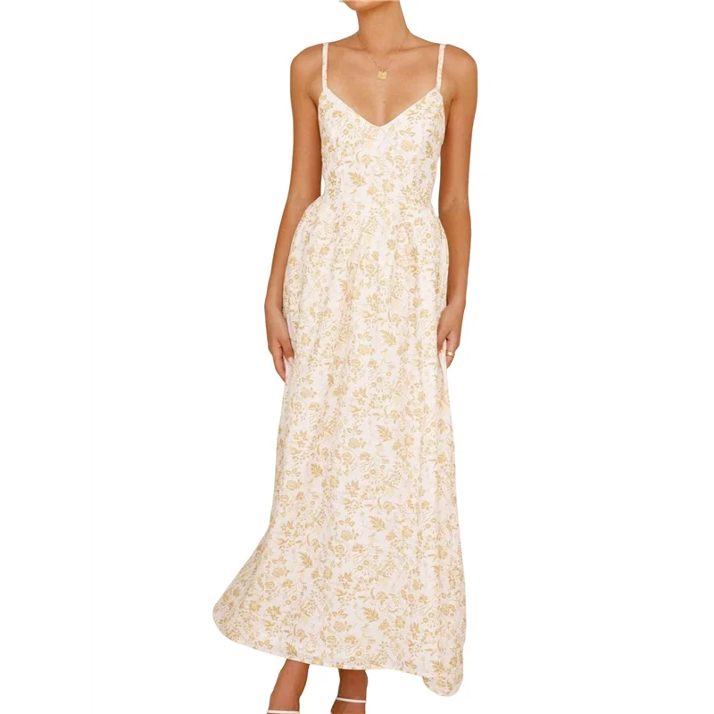 A09P Womens 2025 Summer Maxi Dress Sleeveless Floral Smocked Boho Beach Long Dress