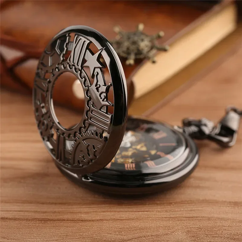 Steampunk الجوف والعتاد حالة الرجال النساء Handwinding الميكانيكية ساعة جيب سلسلة بدلاية الهيكل العظمي ساعة الرقم الروماني نصف هنتر