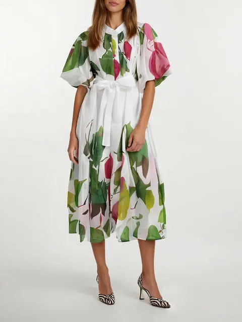 

Hit Color Floral Printing Midi Dresses For Women Lapel Puff Sleeve High Waist Patchwork Lace Up Elegant Dress Female Summer