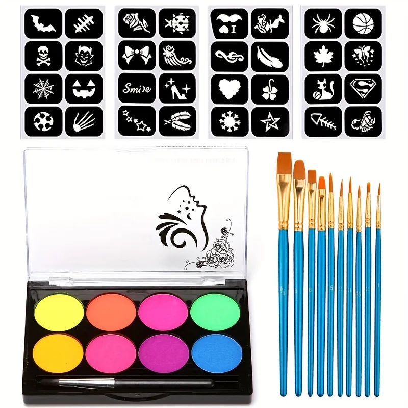 8 Color Face Paint with Sticker Luminiscent Face Body Painting UV Glow Fluorescent Glowing Halloween Party Fancy Dress Beauty