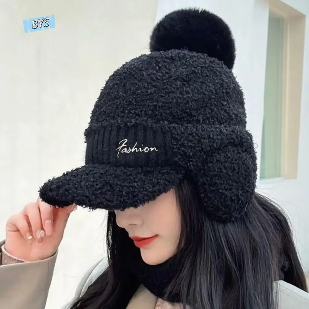 

Buckle Closure Solid Color Warm Earmuffs Cap Windproof Thick Pompom Plush Beanie Versatile Thermal Knitted Baseball Cap Daily