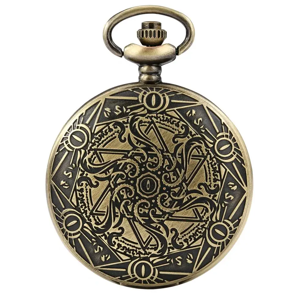 Orologio da tasca meccanico Cthulhu Vintage Steampunk Flip Cover da collezione con catena e scatola in denim - Rame antico/nero/dorato