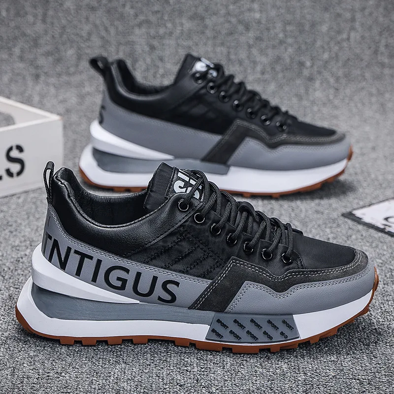 Chunky Sneakers Men Women Retro Running Shoes Fashion Casual Genuine Leather Fabric Breathable Height Increased Platform Shoes