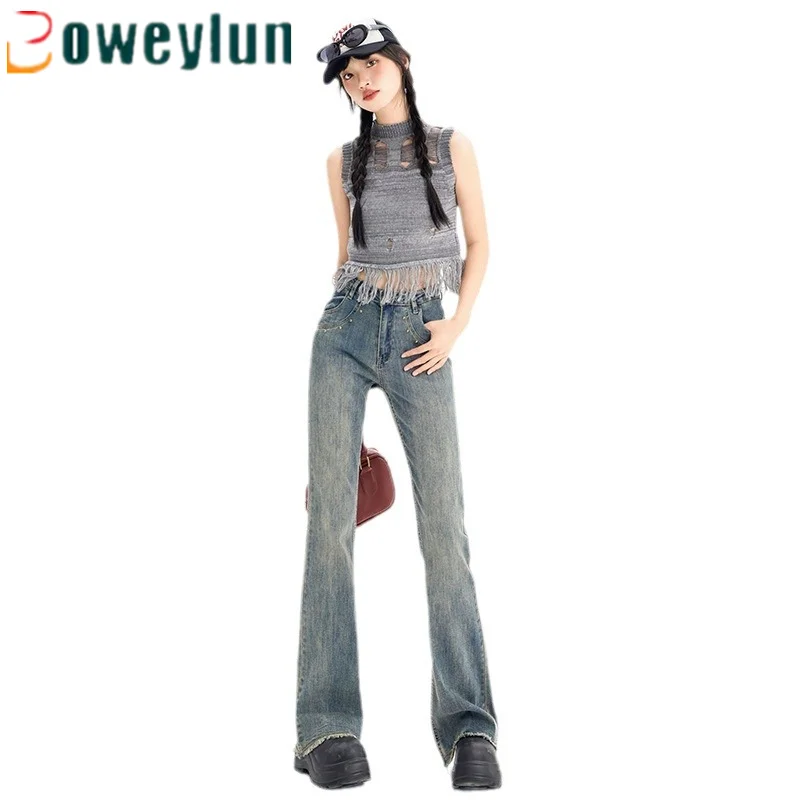 

Boweylun High Waist Stretch Micro Flare Jeans Women Spring and Autumn New Slim Denim Full Length Pants Girls