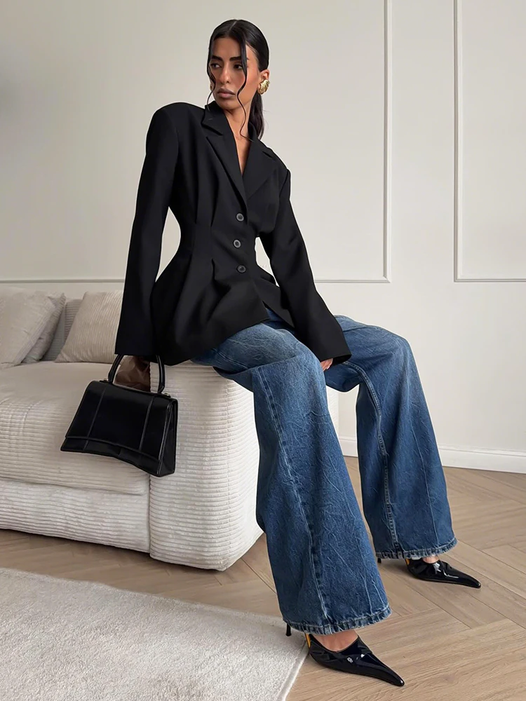 

SiSterlinda Classic V-Neck Jacket Women Fashion Elegant Sexy Ruched Button Full Sleeve Stretch Trend Party Banquet Streetwear