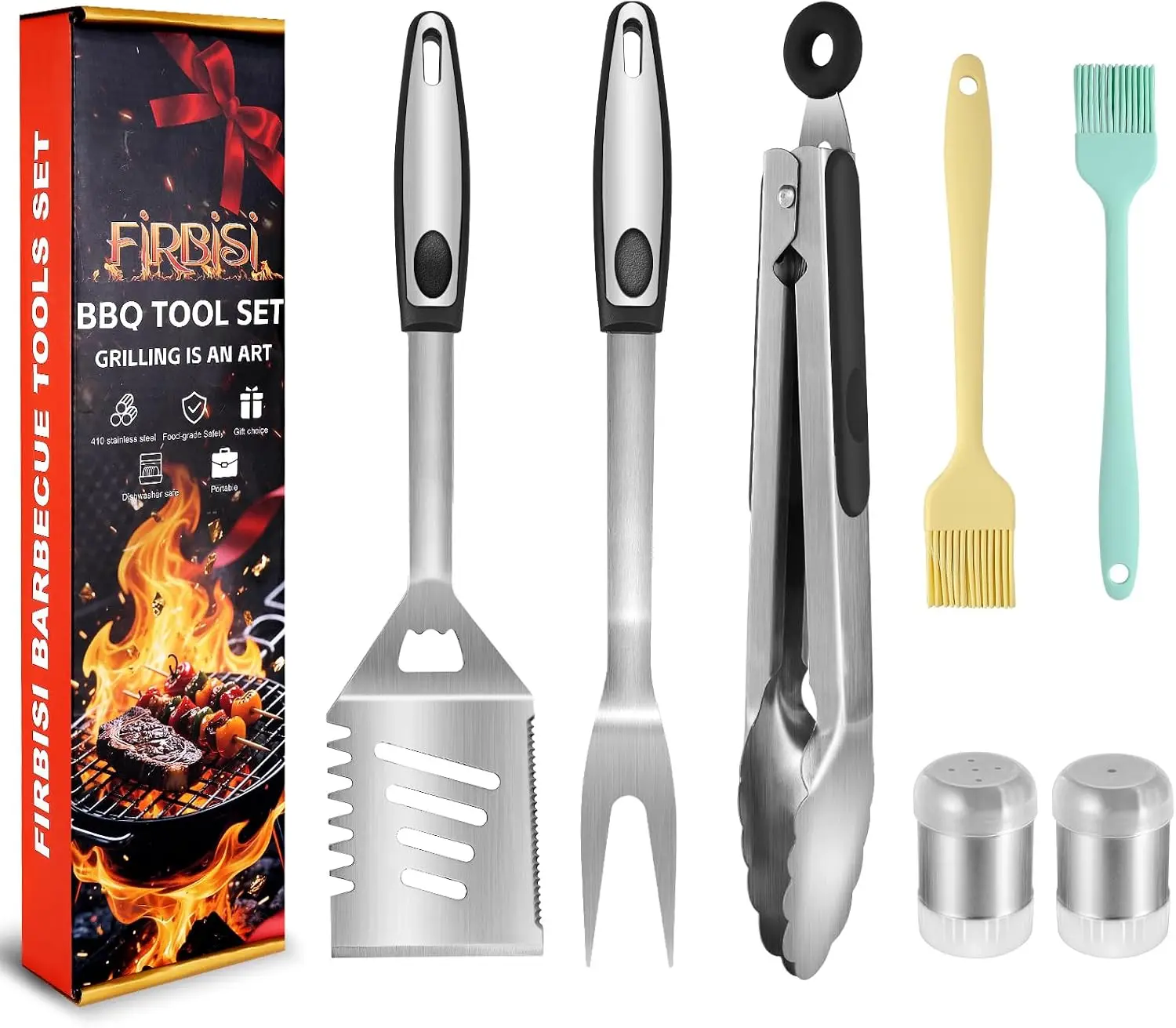 

8PC BBQ Grill Tool Set - Outdoor Grilling Accessories with Spatula, Fork, Brush, Tongs, Seasoning Bottle - Gift for Men Dad