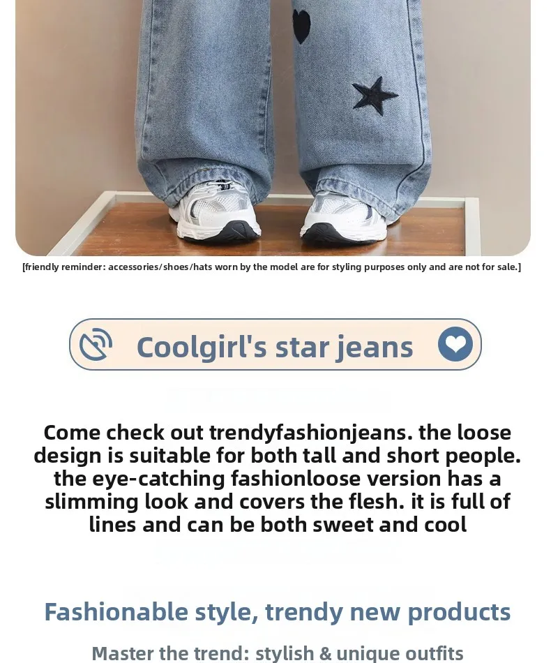Frühling Herbst Neue Mädchen-Jeans mit Stickerei, Fünfzackiger Stern, Weite Hosen für 3-12 Jahre alte Teenager-Mädchen, Stylische Denim-Hosen mit weitem Bein – Detail 4