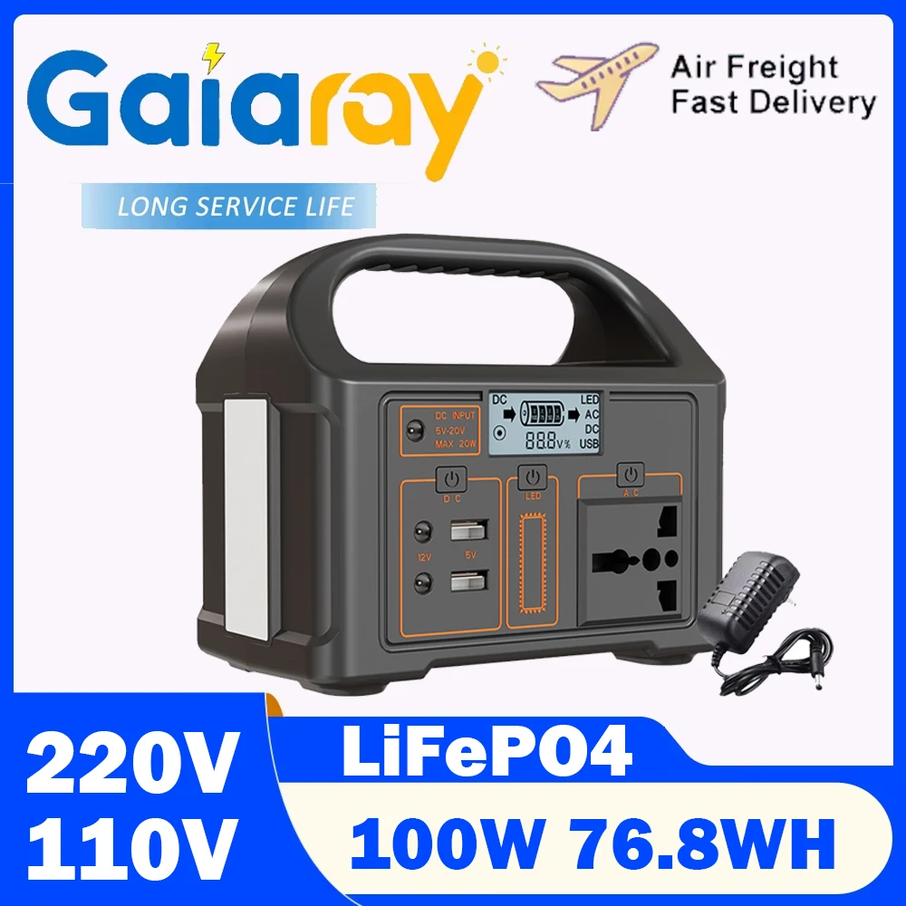 Gaiaray 100 W tragbares Kraftwerk 110 V 220 V Outdoor-Solargenerator 76,8 Wh LiFePO4-Batterie-Ladestation LED für Camping