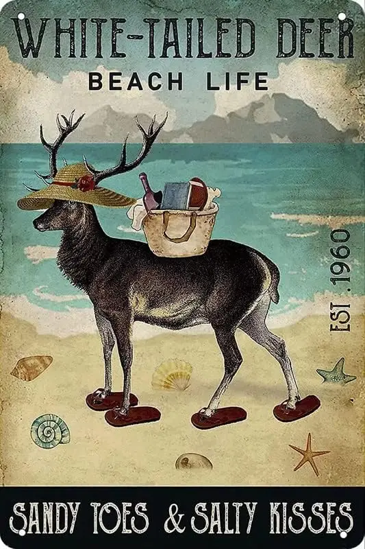 Vintage Metal Sign White-Tailed Deer Beach Life Sandy Toes&Salty Kisses Metal Tin Sign Aluminum Sign For Home Coffee Bar sign