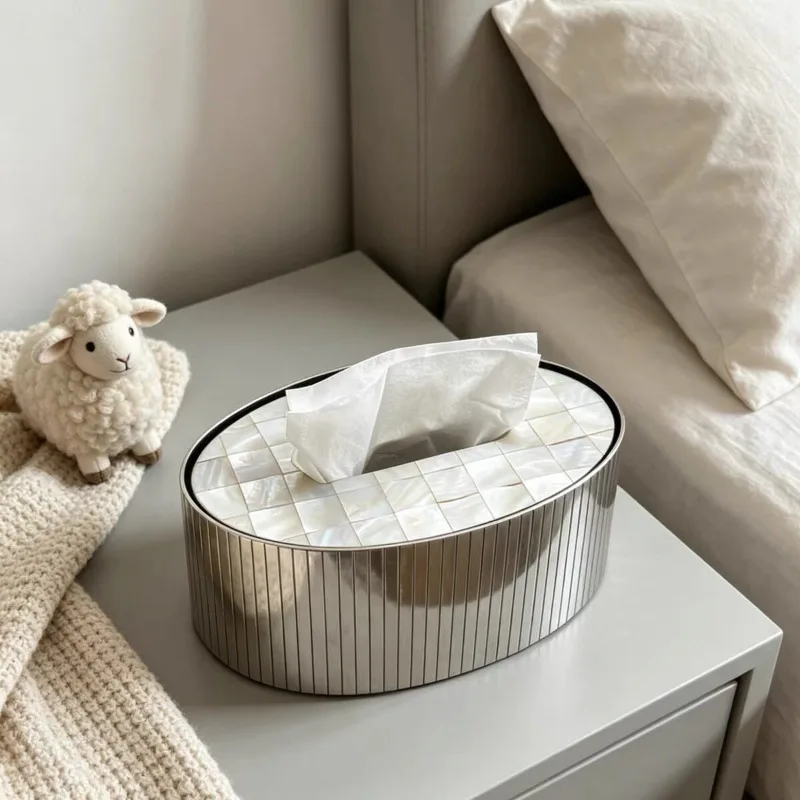 French Natural Shell Tissue Box Stainless Steel Striped Napkin Holder Luxury Elegant Decor for Living Room Coffee Table Gift