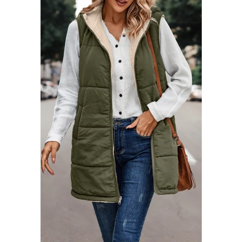 

Wepbel Hooded Cotton Jacket Vest Double-Sided Wear Jackets Outwear Vests Women Slim Fit Elegant Autumn Pocket Cardigan Coat Top