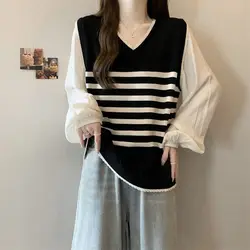 2025 New Plus Size Women V-neck Fake Two-piece Striped Sweater for Fat Mm Autumn Right Shoulder Slim Long-sleeved All-match Tops