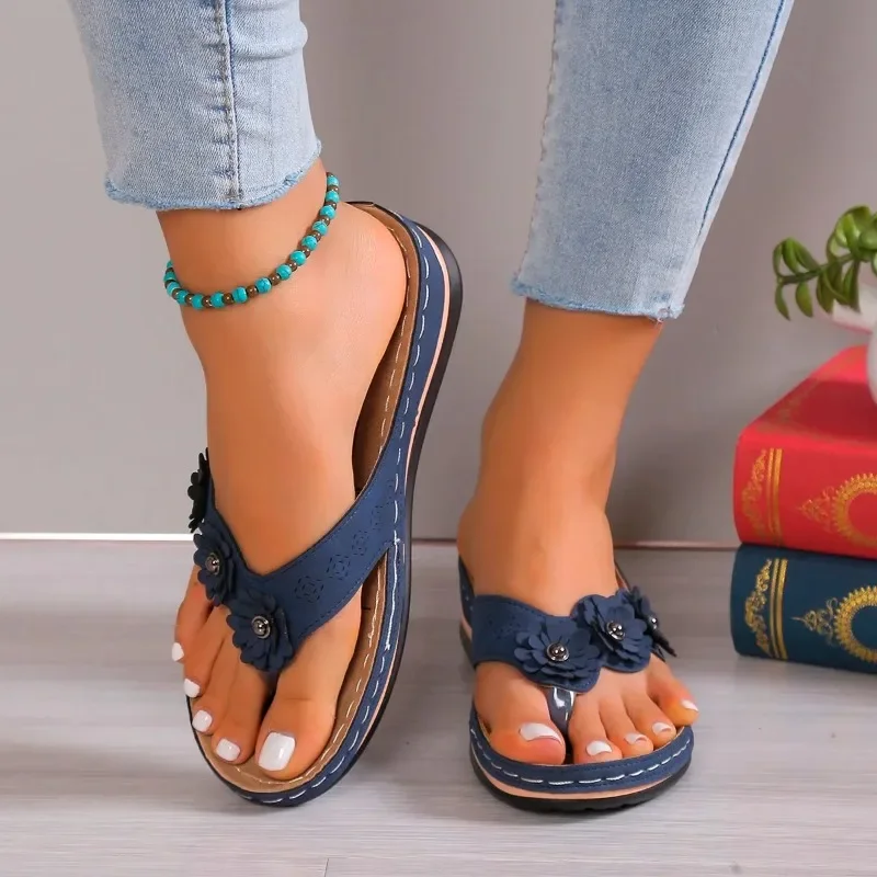 Dames Bloem Decor String Sandalen Nieuwe Comfortabele Open Toeslip Op Schoenen Damesmode Slippers Plus Maat 36-43