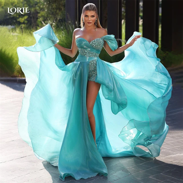 LORIE Robe de Soiree Plissee Bleu Ocean Tenue de Bal Froncee Fente Laterale Perles Ouvertes Arabie