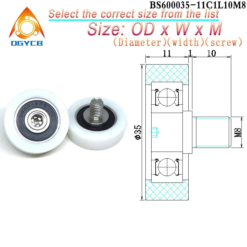 1pcs External Thread Pulley OD 35mm POM Coated Roller BS600035-11C1L10M8 Plastic Bearing 35x11xM8 Door Window Guide  Wheel