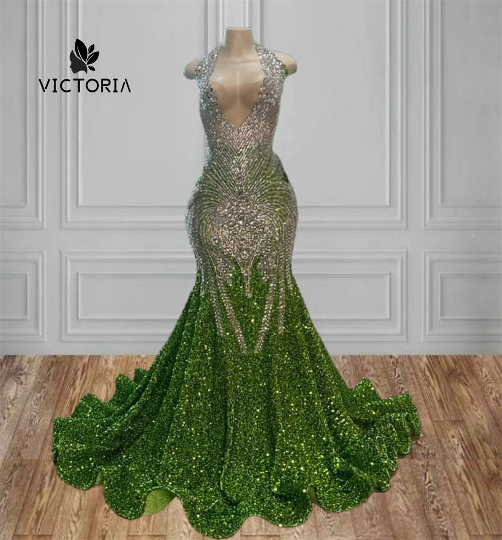 

Jolly Green Sequin Prom Dresses Halter Silvery Crystal Beading Graduation Party Black Girl Birthday Dress Luxury 2025 Customized