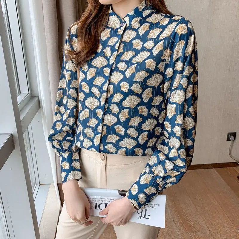 Autumn Romance Opens in Heart Gentle Sister Strong Ginkgo Leaf Print Small Stand Collar Loose Wrinkle Resistant Shirt for Women