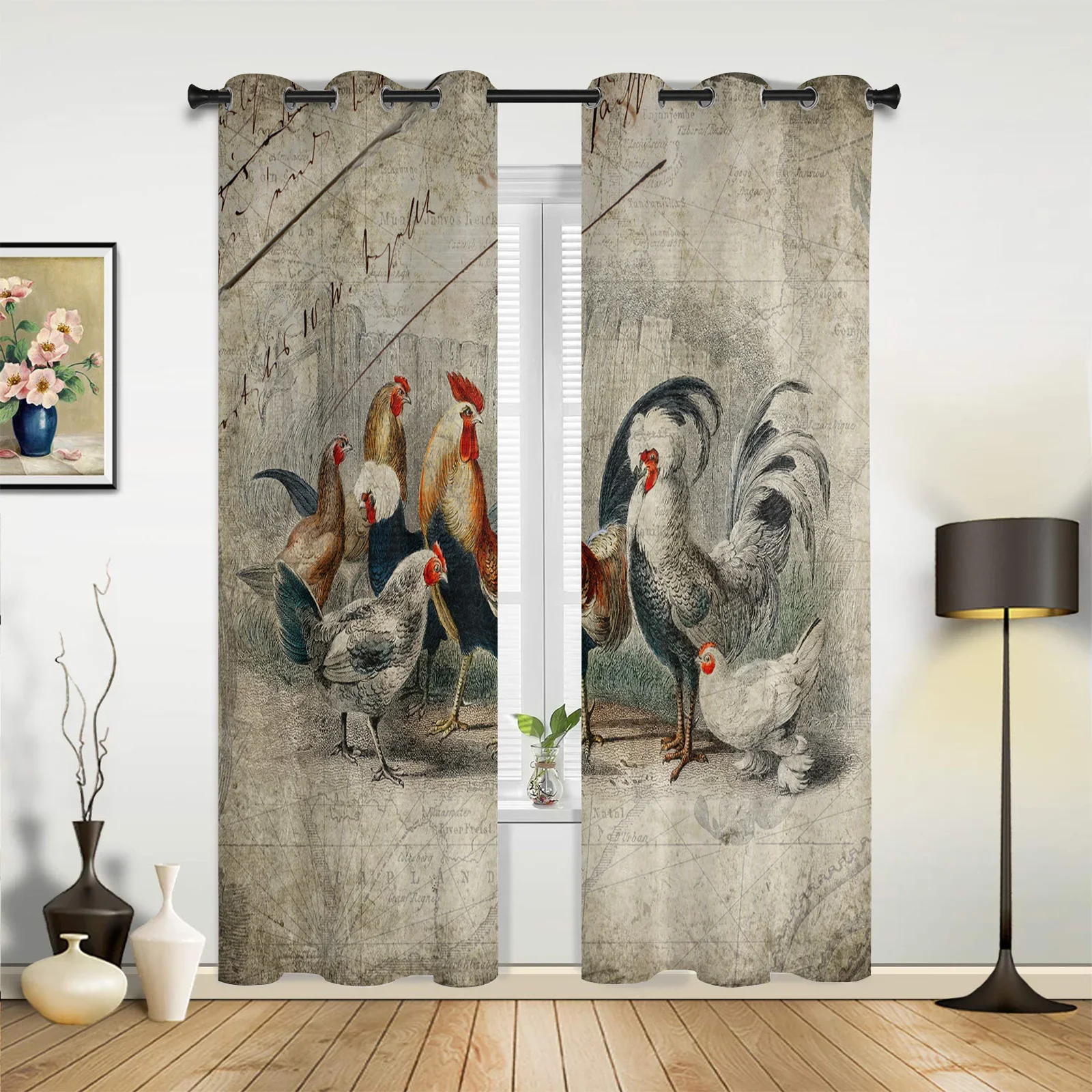 Farm Rooster Chicken Retro Illustration Window Curtains Home Decor Living Room Curtains Kid's Room Cortinas For Kitchen Bedroom