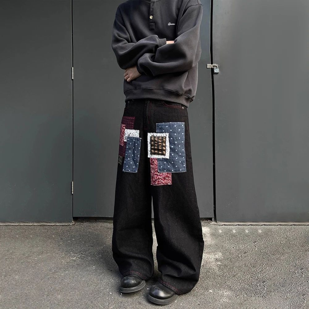 

Y2k American Plaid Patch Jeans Spring Streetwear Fashion Youth Campus Versatile Casual Couple Wide-Leg Pants Unisex 2025 New