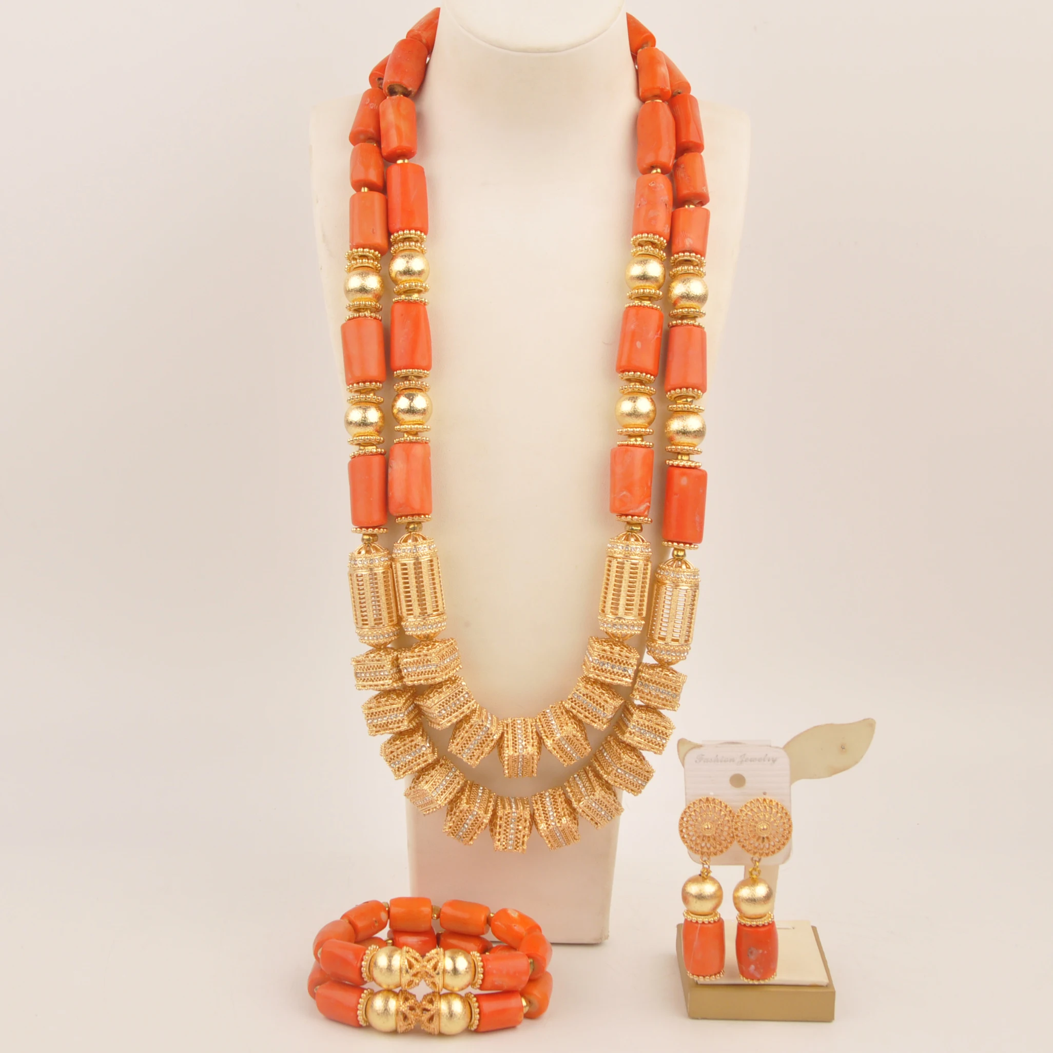 Natural Coral Nigerian Wedding Necklace African Fashion Jewelry Collection Orange