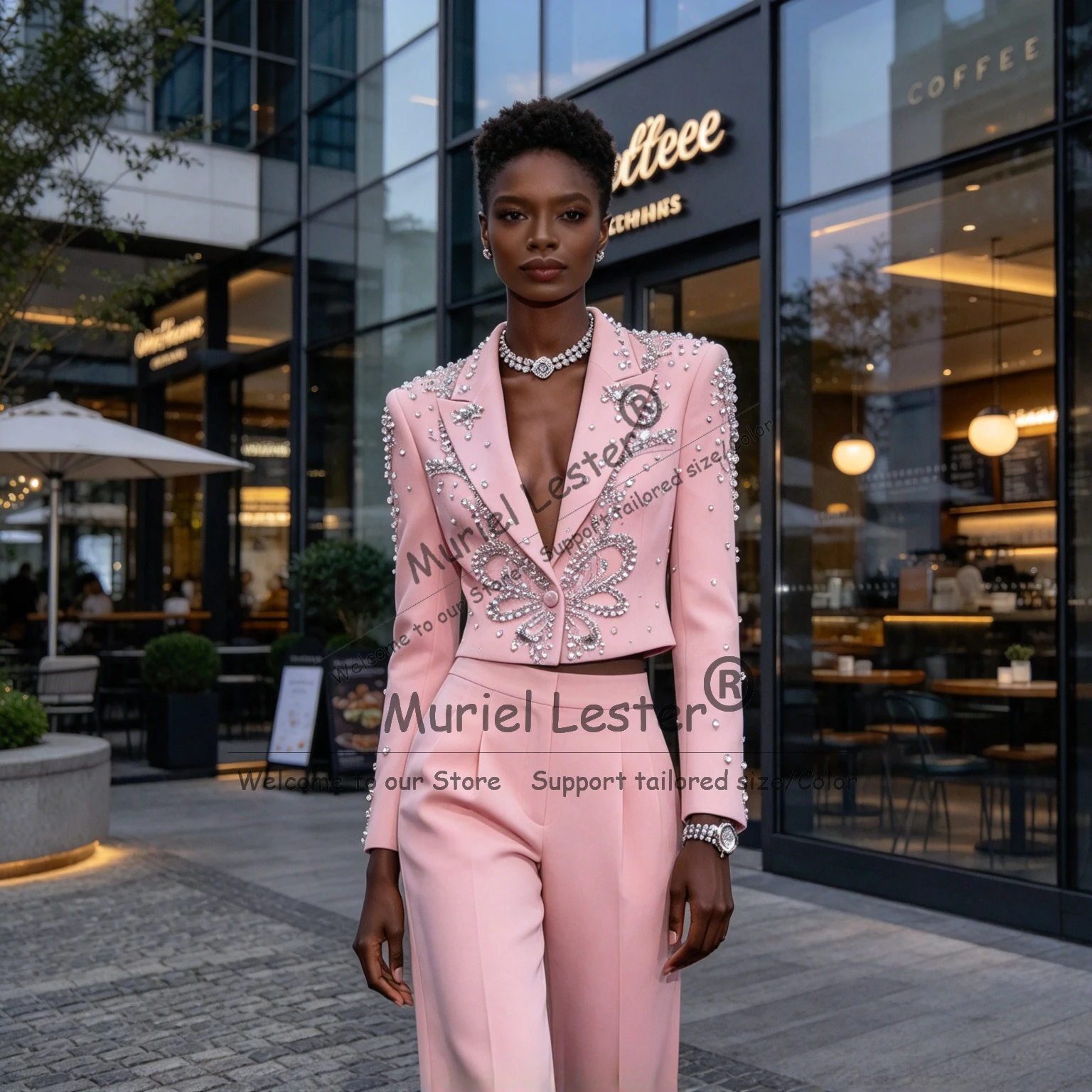 Luxury Women's Blazers And Suit Sets Rhinestone Beaded Jacket Pants 2 Piece Sets Lady Business Tuxedo Trajes De Mujer Elegante