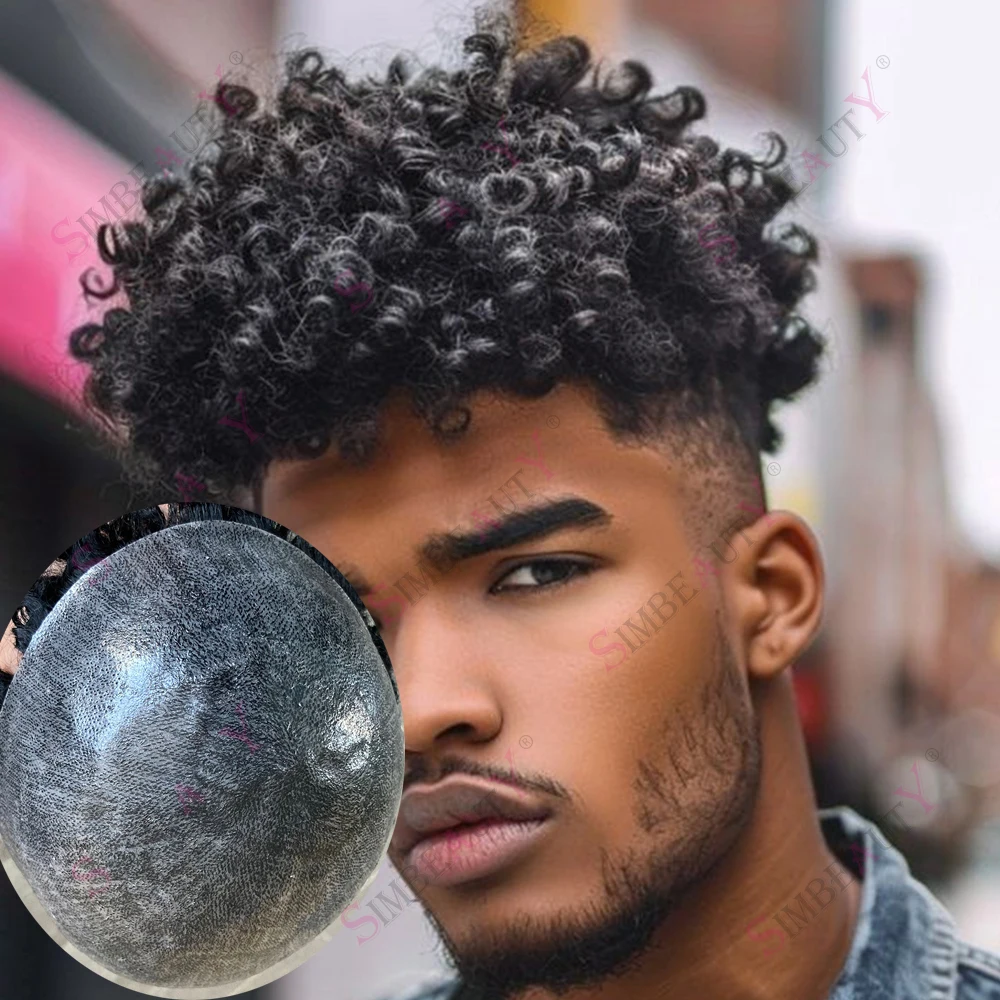 

Супер прочный афро-черный мужской парик из натуральных человеческих волос, мужской парик 15 мм, вьющиеся, тонкая кожа, мужские парики, капиллярный протез