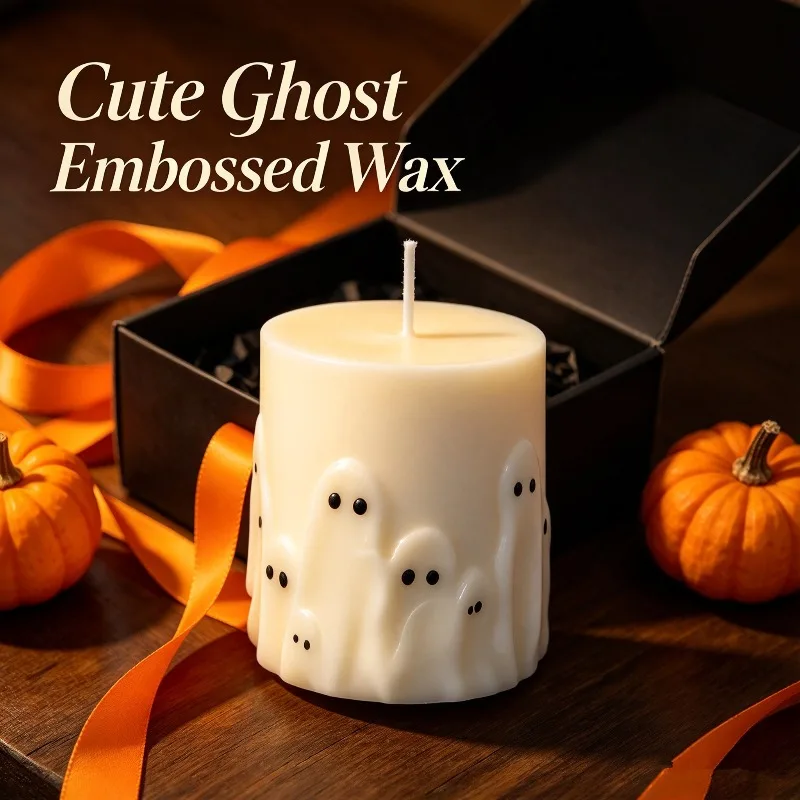 Halloween ghost pillar candles, each burns for 24 hours, cute ghost embossed decorative candles, available in packs of 2 or 4