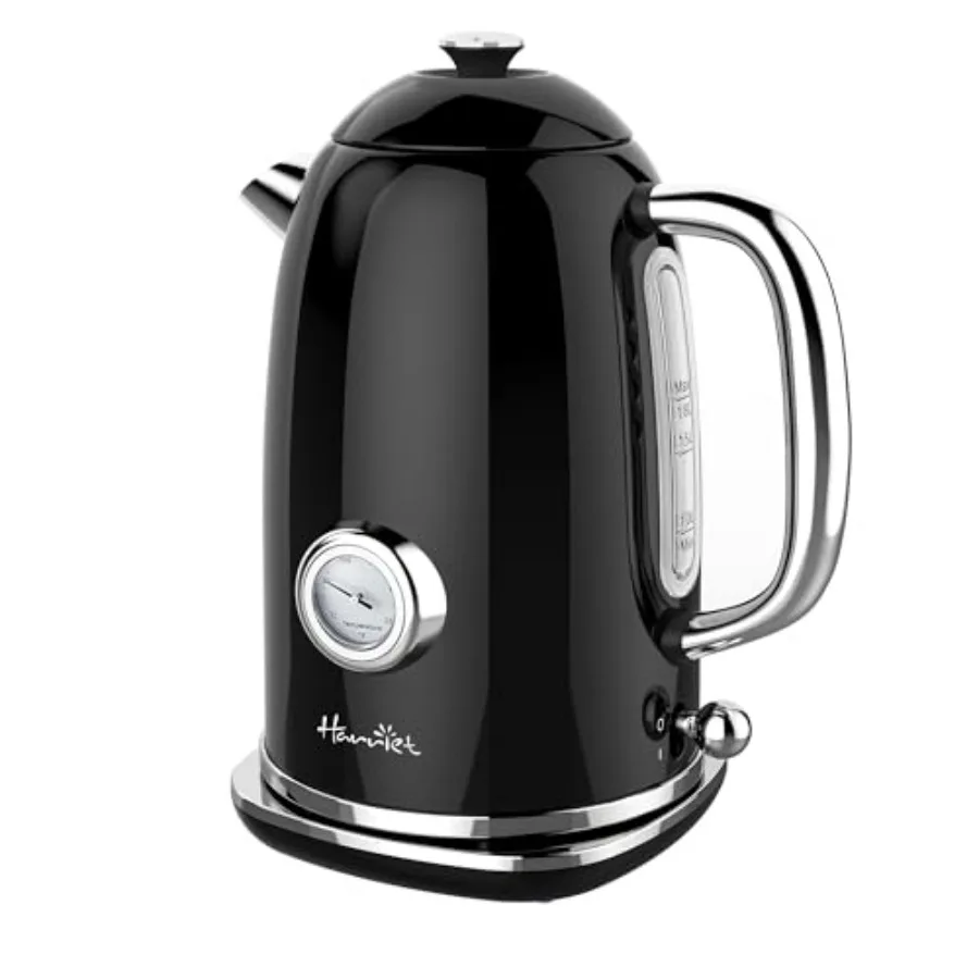 

Electric Kettle 1.8L Retro Stainless Steel Hot Water Kettle with Thermometer 1500W Black Fast Boiling Cordless Auto Shut-Off LE