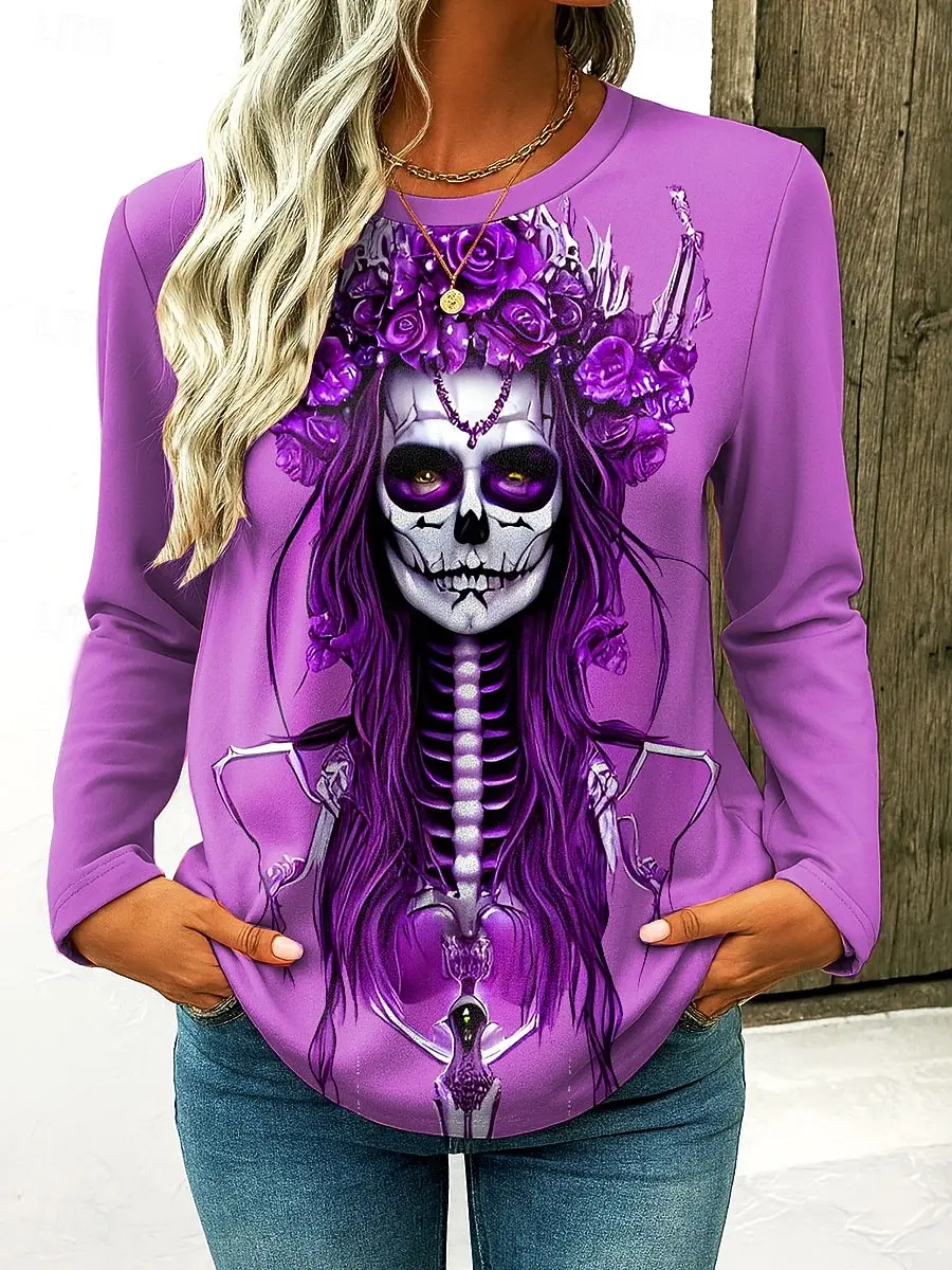 

Halloween Element 3D Print Skull Women's Long Sleeve T-Shirt Autumn Loose Casual Polyester Crew Neck Fashion Casual Clothing Top