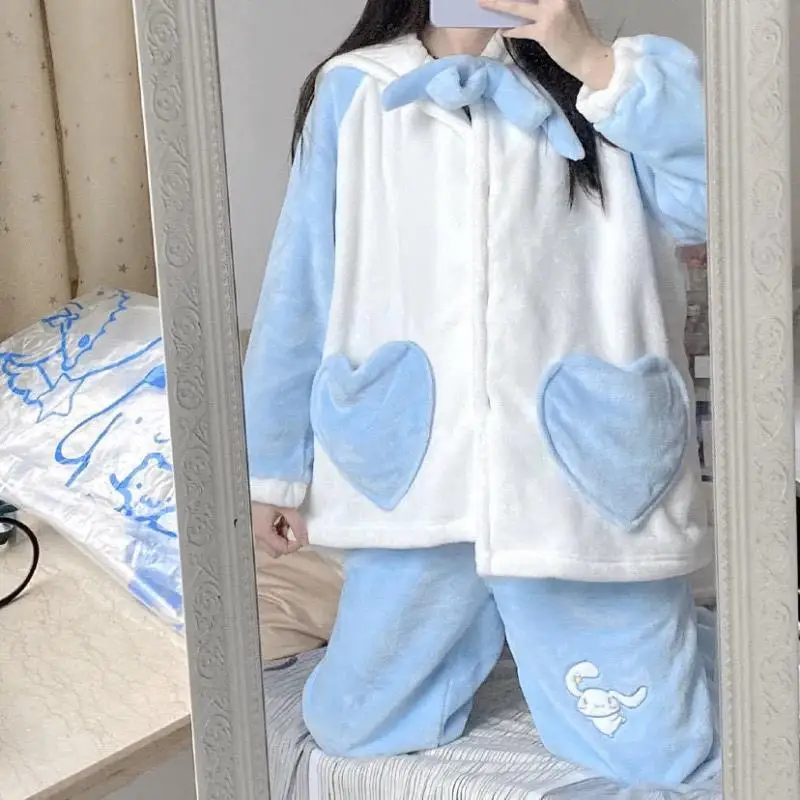 2Pcs Sanrios Cinnamoroll Pajamas Suit Women\'s Winter Thickened Coral Velvet Cute Kuromi Cartoon Warm Nightgown Soft Home Clothes