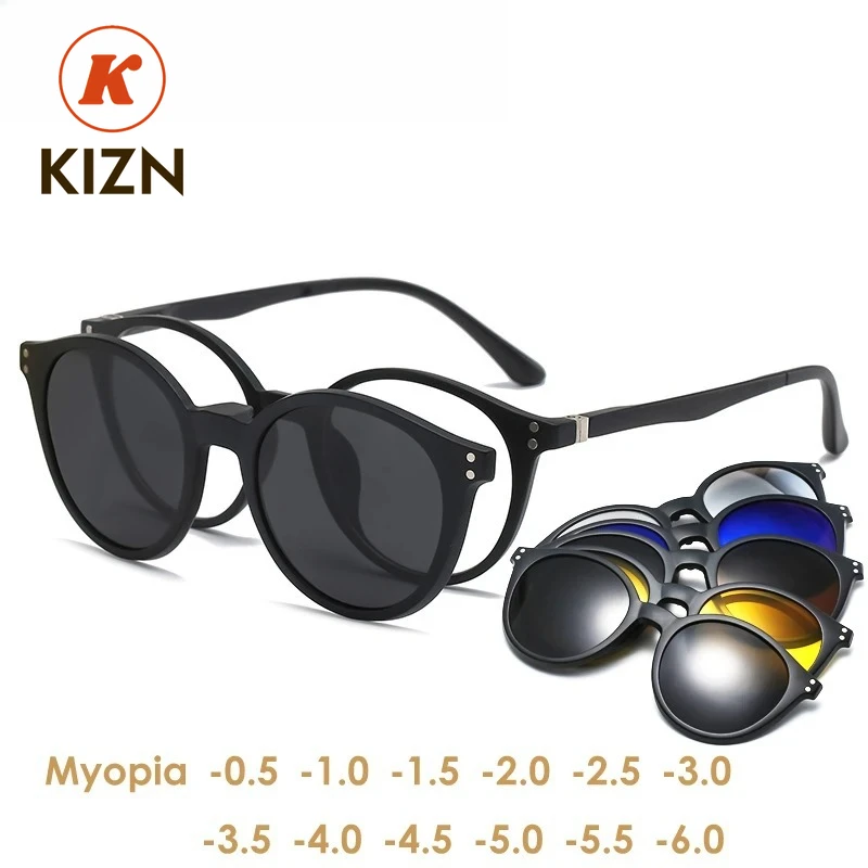 

KIZN спортивные очки для близорукости, солнцезащитные очки с магнитным зажимом по рецепту от -0,5 до -10, круглая оправа TR90, блокирующая голубые лучи, близорукость, астигм
