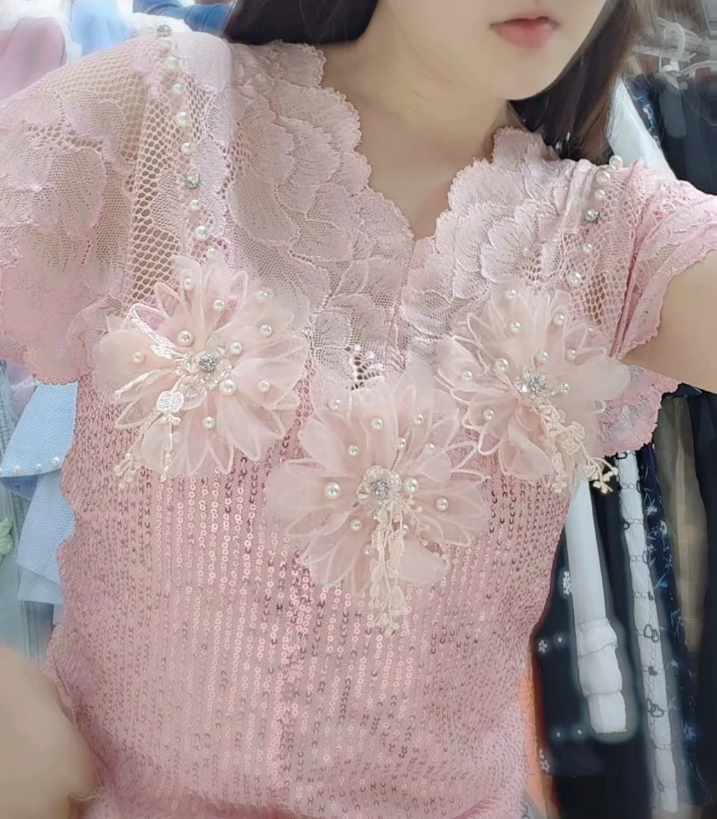 Luxury Beaded Tassels Stitch Pink Lace Sequined T Shirts For Women 2024 Summer Short Sleeve Tops Tees Tshirts Woman Clothing