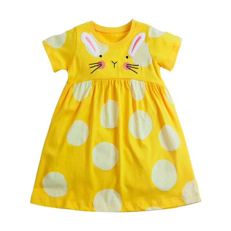 Jumping Meters  2-7 Years Summer Princess Baby Girls Dresses Animals Applique Party Birthday Kids Short Sleeve Frocks