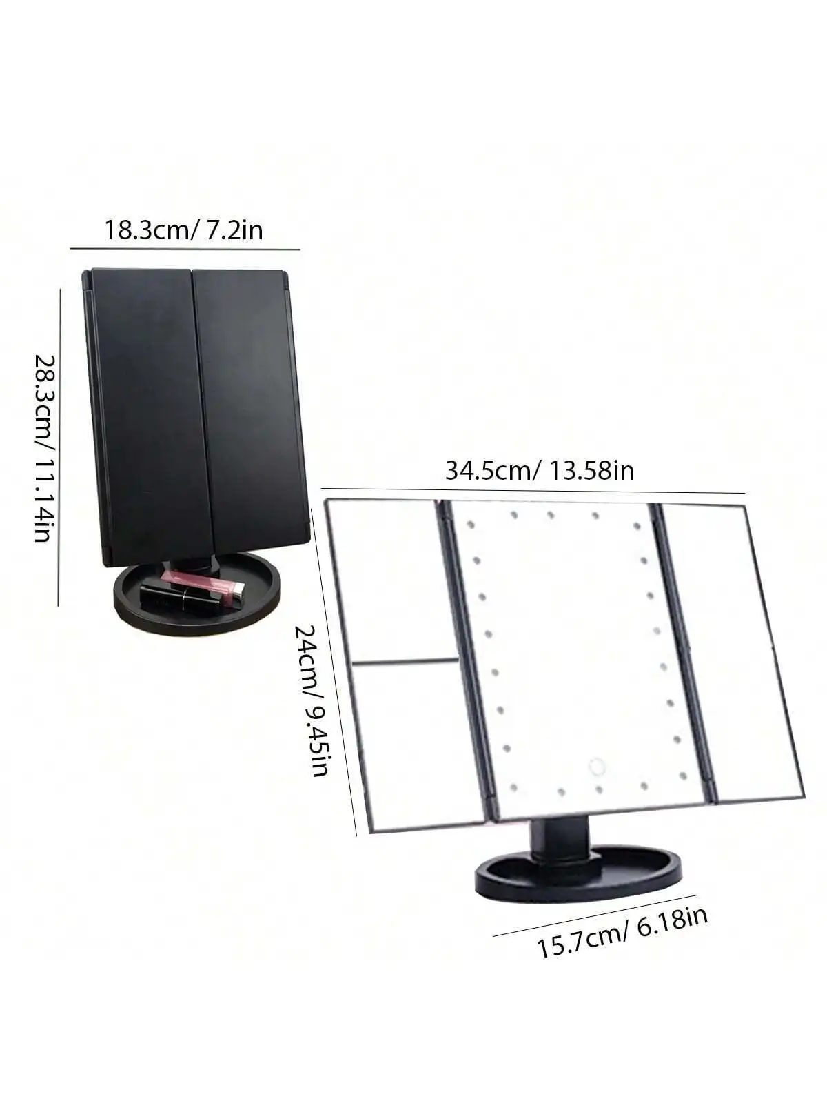 1 espejo de maquillaje plegable con tres aumentos de 2x 3x con 22 LED, adecuado para viajes, portátil, espejo de maquillaje USB plegable