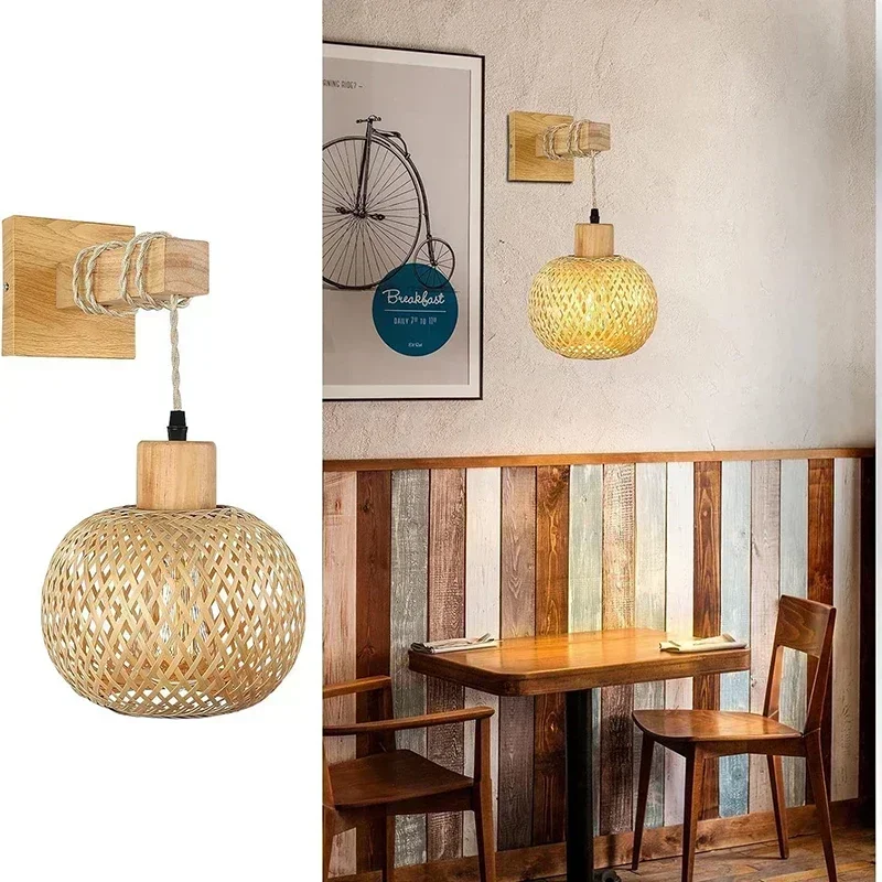 Bamboo Woven Wall Lamp Natural Rattan Core E27 Wall Hanging Lamp Handmade Bamboo Weaving Decoration Wall Lamp Light Fixture