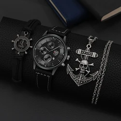 3PCS Set DEYROS Fashion Mens Watches Luxury Men Business Black Stainless Steel Quartz Watch Male Necklace Bracelet Wristwatch