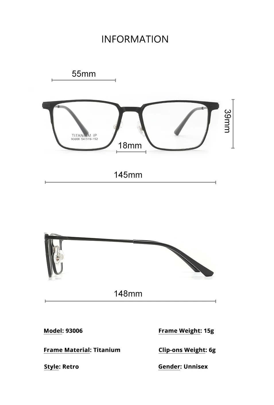 3-in-1-Brillengestell aus reinem Titan mit vollem Rand, quadratisch, für Herren, mit polarisierten Clip-On-Sonnenbrillen und Nachtsicht, Damenbrillen 93006 – Detail 6