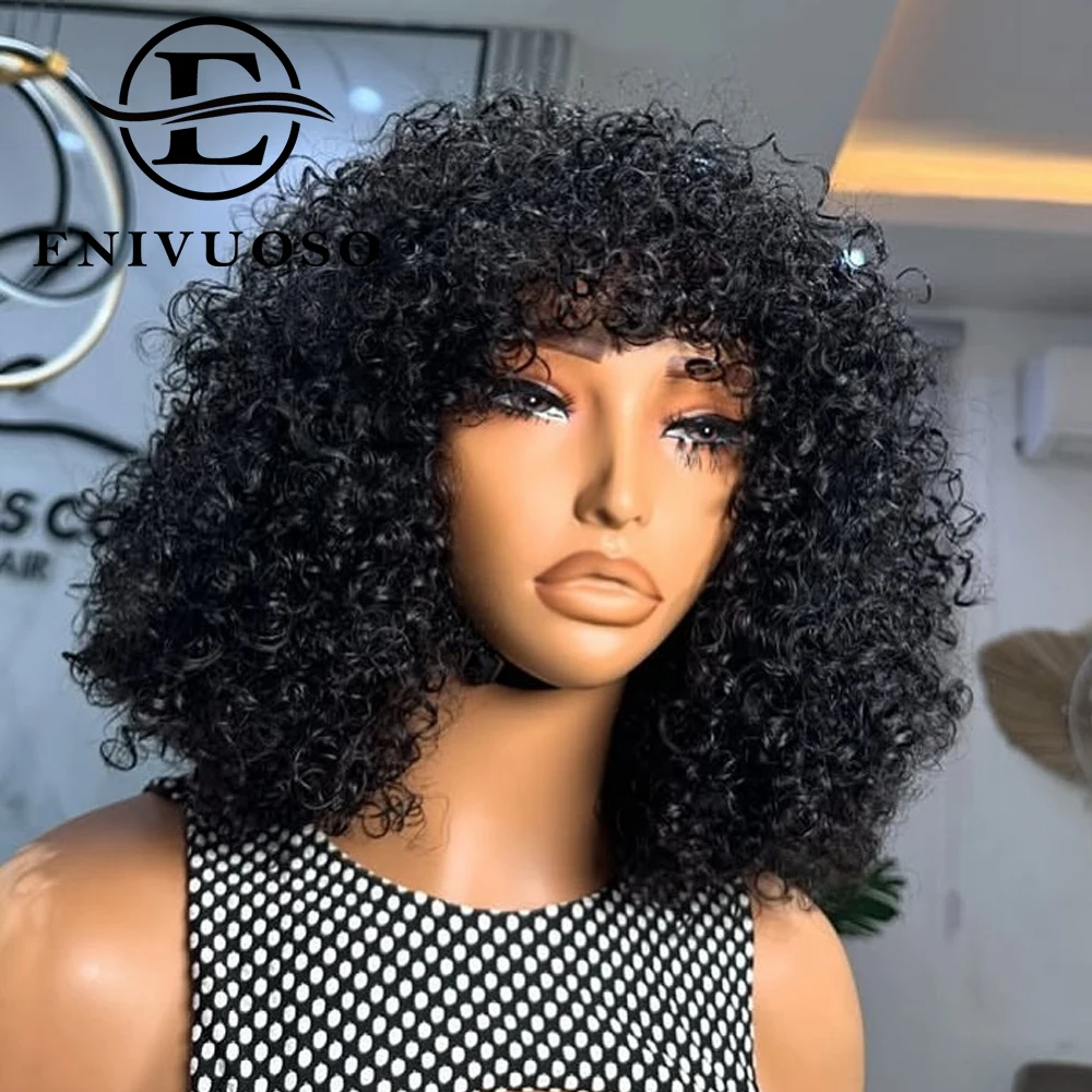 

Jerry Curly Remy Human Hair Wigs With Bangs 180% Density Wear To Go Glueless Wig Short Deep Curly Fringe Wig For Black Women