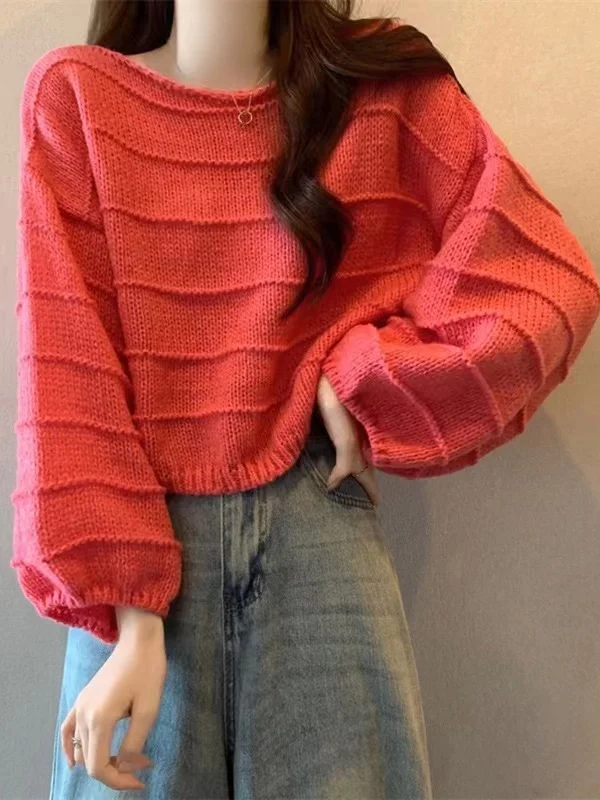 Pink Lantern Sleeve Knitted Base Shirt Women Early Autumn 2026 New Short Loose Sweater Spring Autumn Top Women's Fashion