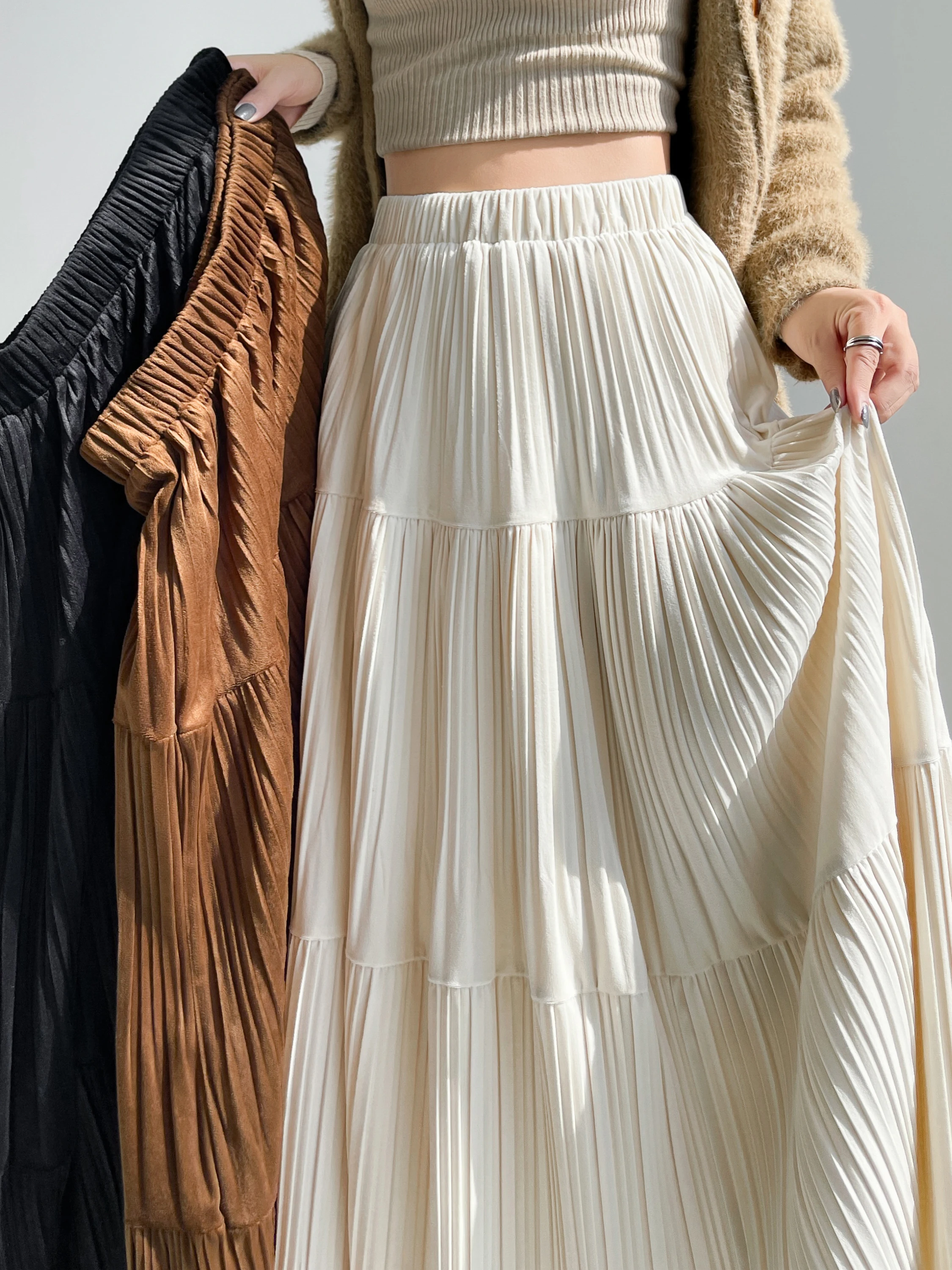 Ele falda de pastel de terciopelo para mujer Otoño Invierno cintura alta A-Line Falda Midi plisada empalme coreano Sle Commute Dr