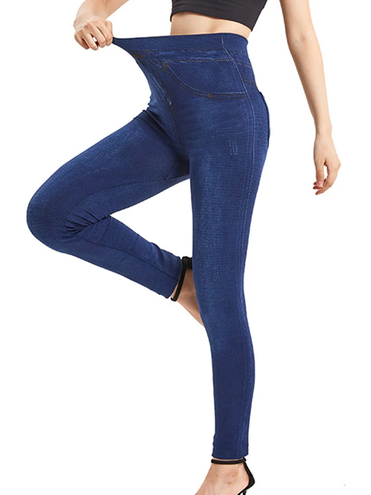 Faux Denim Jeans Pocket Fashion Slim Fitness Women Leggings Workout Leggins Casual Long Pencil Pants