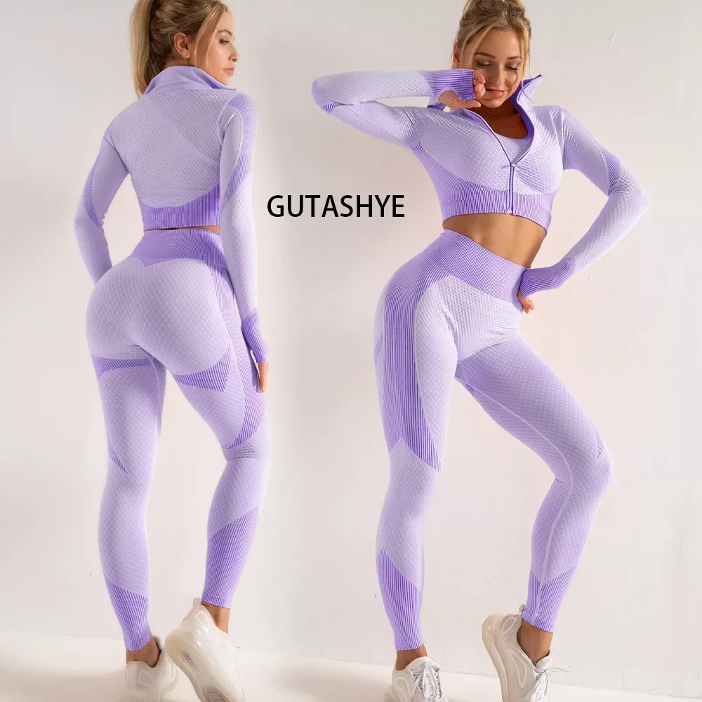 Conjuntos de yoga de manga larga sin costuras para mujer, traje deportivo femenino, ropa de gimnasio, ropa para correr, ropa de fitness, 2 o 3 piezas